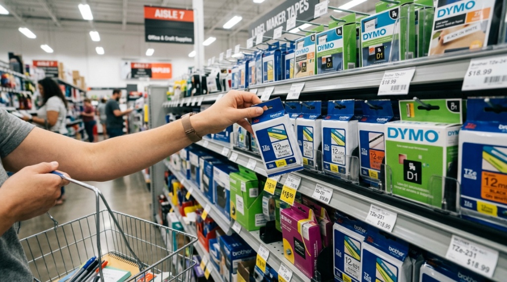 A person choosing labeling supplies from a retail store shelf.