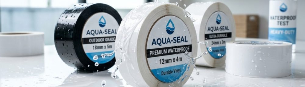 Water droplets splashing on durable waterproof label tape rolls.