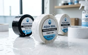 Water droplets splashing on durable waterproof label tape rolls.