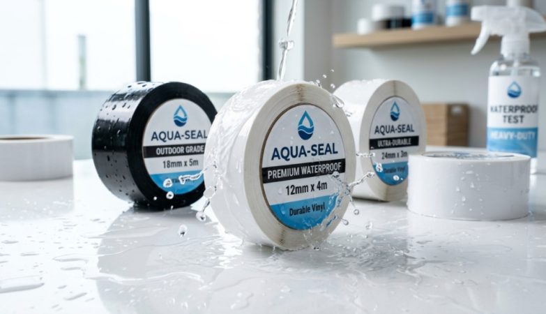 Water droplets splashing on durable waterproof label tape rolls.