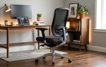 Ergonomic office chair with lumbar support in a modern workspace.