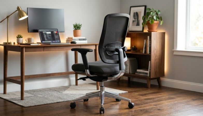Ergonomic office chair with lumbar support in a modern workspace.