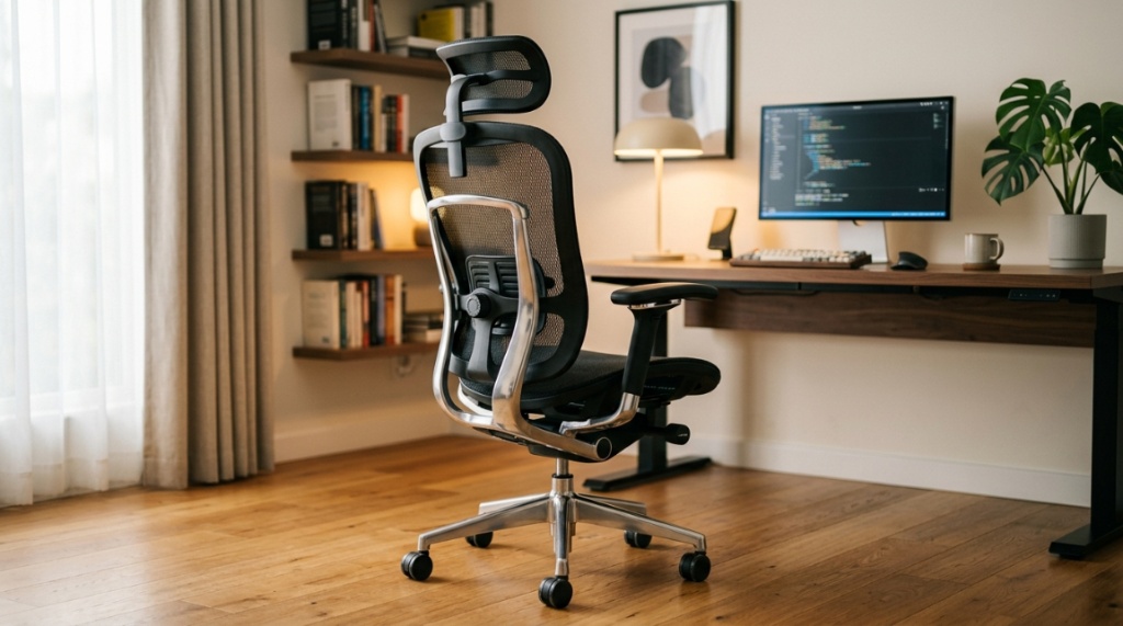 Person adjusting lumbar support on a comfortable office chair.
