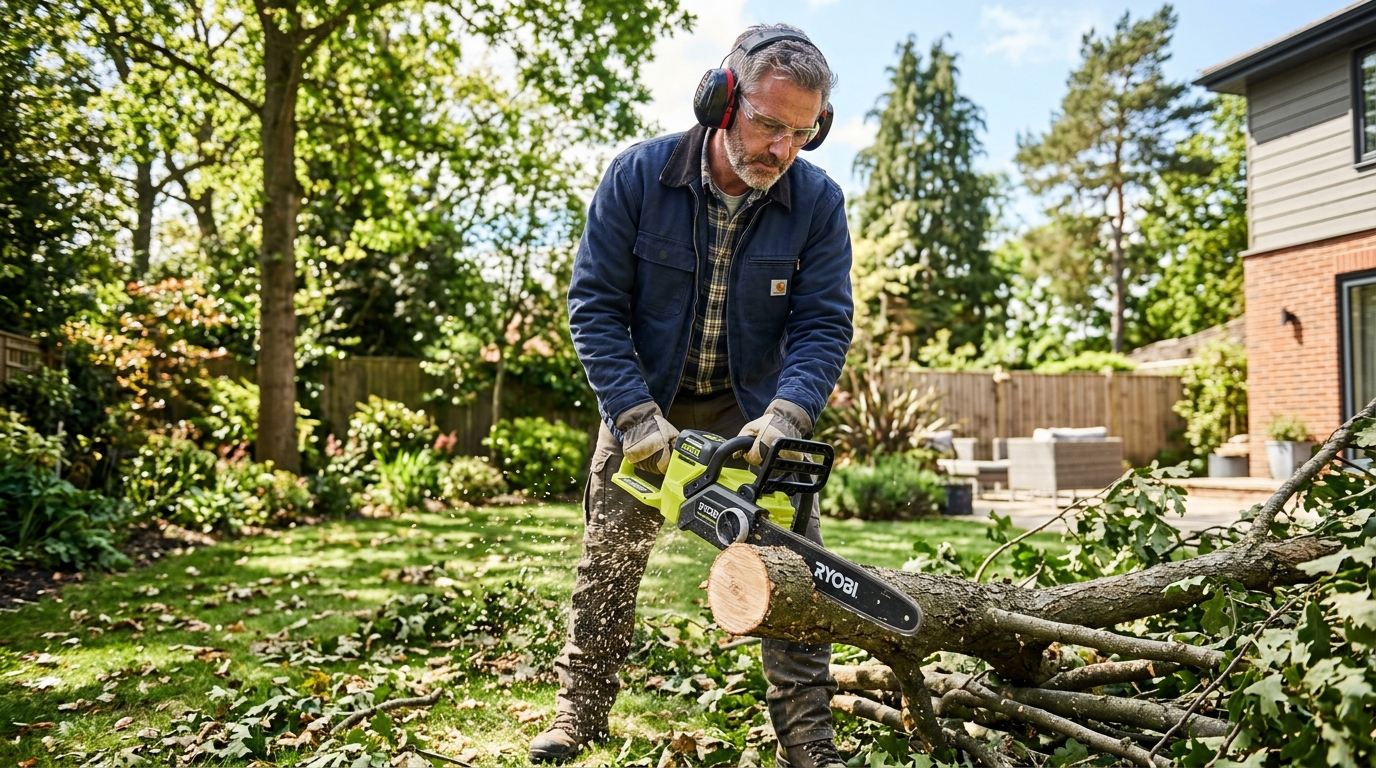 Side-by-side view of a gas and electric chainsaw on a wooden workbench with safety gear.