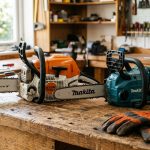 Side-by-side view of a gas and electric chainsaw on a wooden workbench with safety gear.