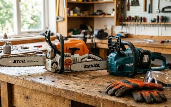 Side-by-side view of a gas and electric chainsaw on a wooden workbench with safety gear.