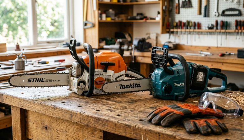 Side-by-side view of a gas and electric chainsaw on a wooden workbench with safety gear.