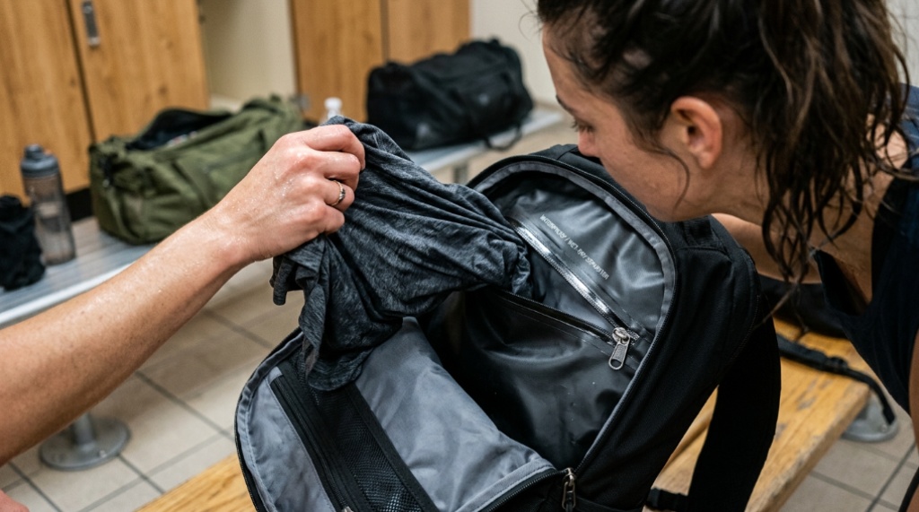 Person placing a wet workout shirt into a waterproof gym bag pocket.