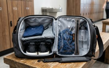 Cutaway view of a gym bag showing separate wet and dry compartments.
