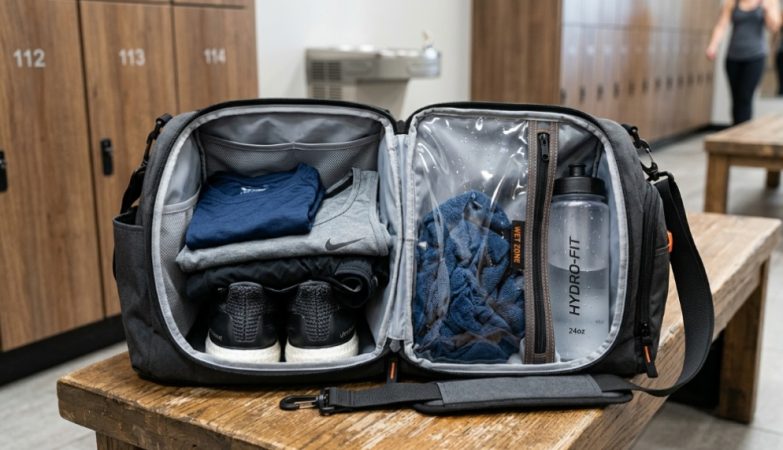 Cutaway view of a gym bag showing separate wet and dry compartments.